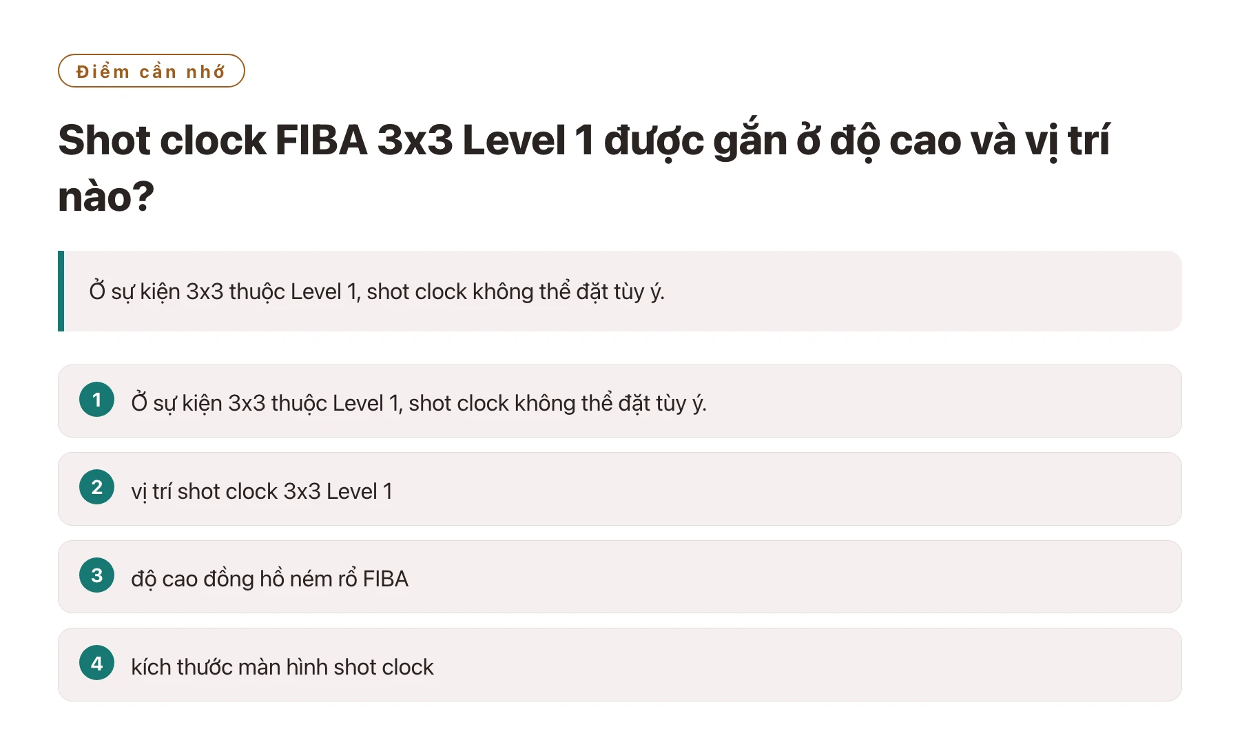Shot clock FIBA 3x3 Level 1 được gắn ở độ cao và vị trí nào?——全文要点速览